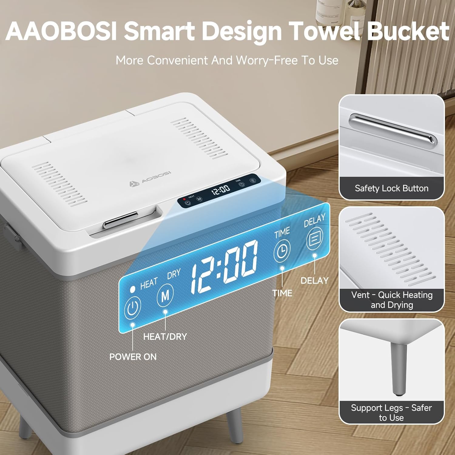 AAOBOSI Towel Warmer Bucket,4 in 1 Heating-Drying-Delay-Foldable 35L Quick Towel Blanket Warmer, Led Display, Timer & Auto Shut Off Portable Compact for Bathrooms, Spas, Apartments