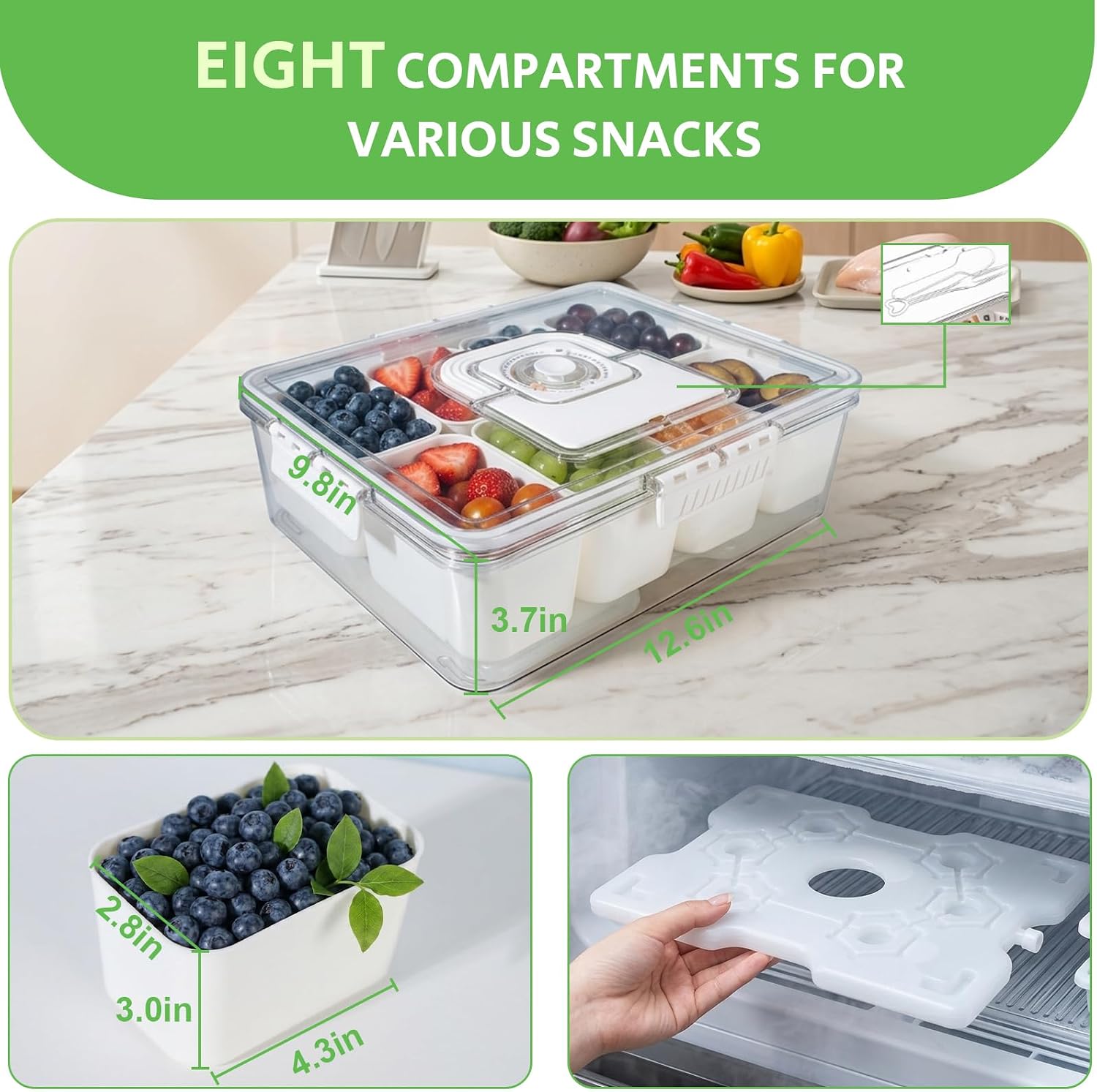 Chilled Snack Box Container with Reusable Ice Pack, Beach Essentials Insulated Bag for Parties, 8 Compartment Snack Container with Divider Tray, for Fruits,Veggies,Snacks,Keep Food Fresh for Hours