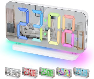 Sukeen Reloj Despertador, Reloj Digital LED de 7.4 Pulgadas, Reloj de Espejo con Pantalla de 11 Colores, 10 Modos de luz Nocturna RGB - Blanco