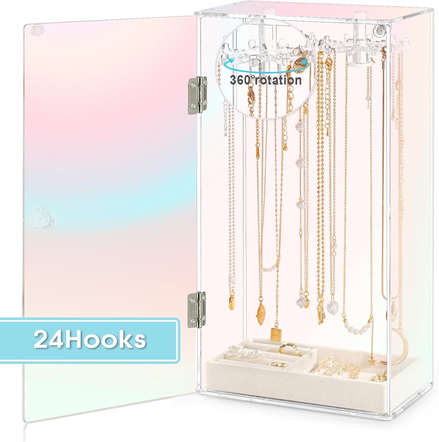 Cirhy Iridescent Acrylic Necklace Holder, Necklace Organizer with 24 Rotatable Hooks, Rainbow Jewelry Organizer Display Box with Velvet Tray for Long Necklaces Pendant Bracelets Rings Earrings