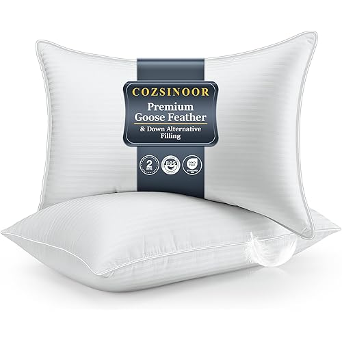 COZSINOOR Goose Feather Pillows Queen Size - Pack of 2, Hotel Down Bed Pillow for Sleeping, Soft 600 TC Cotton Cover, Fluffy Support Surround Fill Down Alternative for Back, Stomach, Side Sleepers