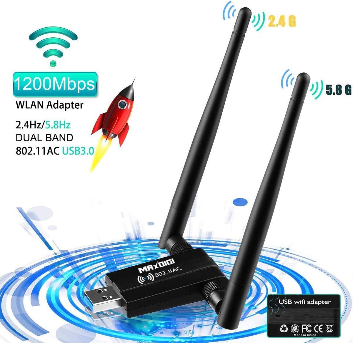 Megavo Wifi Dongle USB WiFi Adapter 1200Mpbs Wireless Network with 5dBi Antenna for Dual Band 2.4GHz/300Mbps 5GHz/867Mbps for Windows XP/Vista/7/8/10