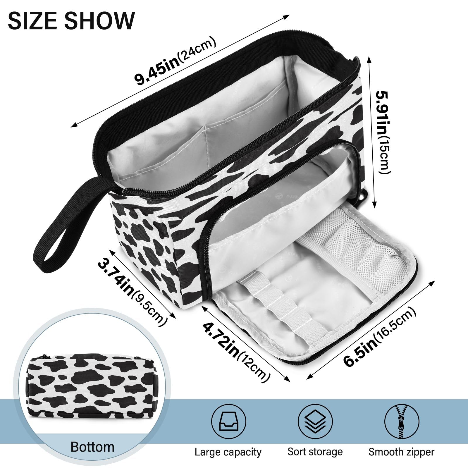 Mnsruu Big Capacity Pencil Case Black and White Cow Print Pouch Pen Case Pencil Box Stationery Bag Makeup Bag Office Organizer for Boys Girls - Image 3