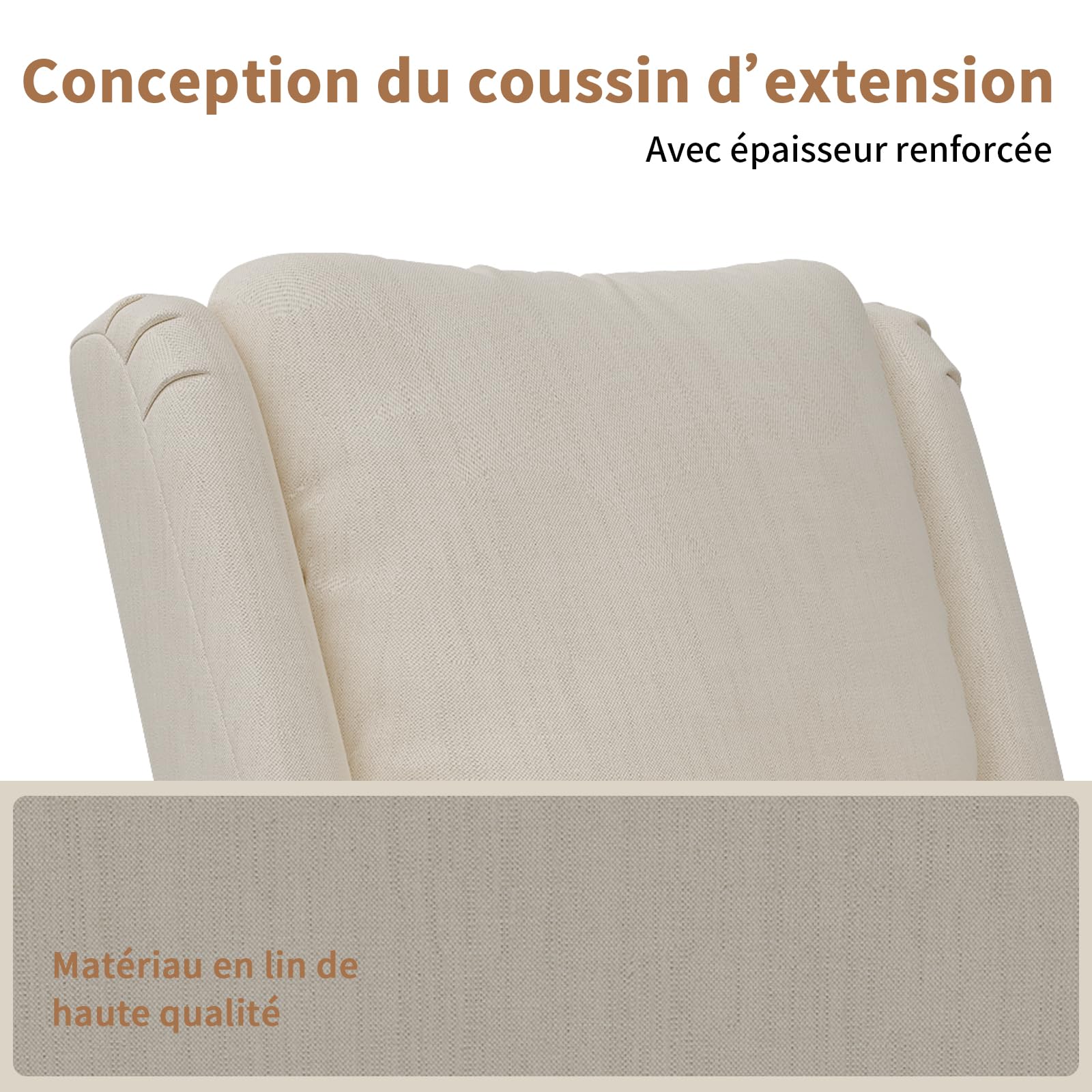 Rocking Chair,Living Room Rocking Chair Interieur,Chaise à Bascule avec Coussin Lombaire,Fauteuil Allaitement en Tissu en Lin avec Pieds en Bois Massif,Beige