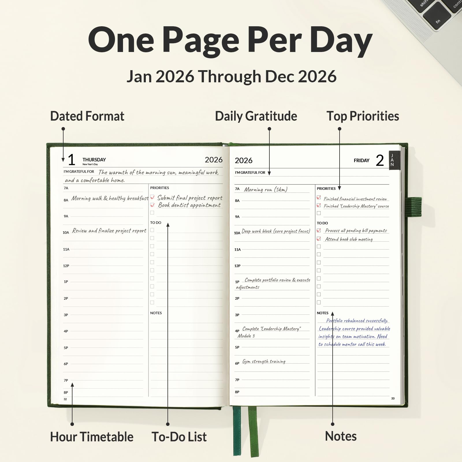 SUNEE Agenda 2026, agenda giornaliera 2026 per la produttività, sistema di raggiungimento degli obiettivi settimanale e mensile con layout di una pagina per giorno, copertina rigida A5 (14,2 x 21,3 cm