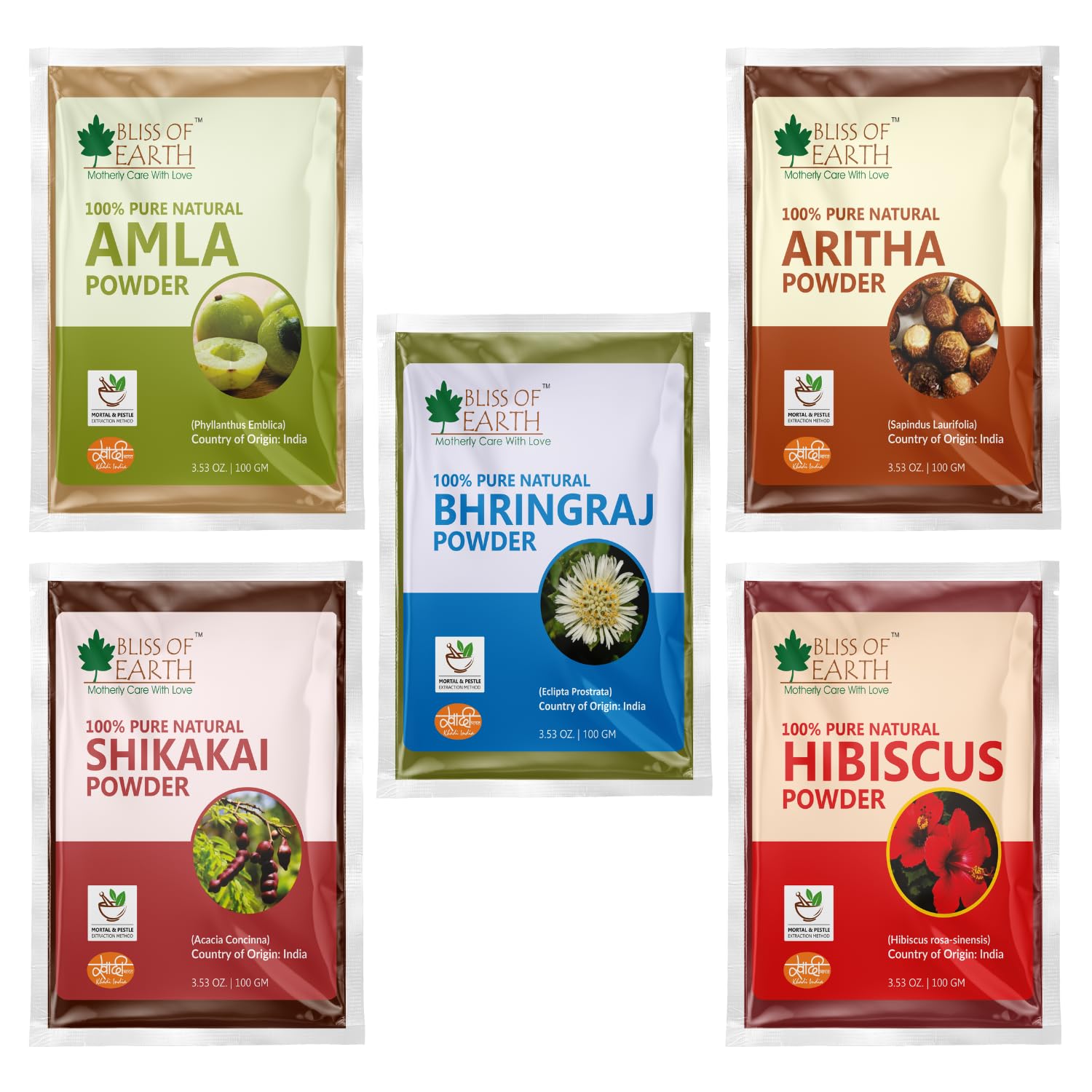 Bliss of Earth Amla, Reetha, Bhringraj, Shikakai, and Hibiscus Powder for Hair Growth & Hair Mask 100gm Pack of 5-image-26