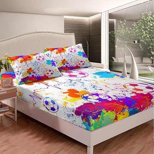 Miniatura 4 de Manfei Juego de sábanas de fútbol para niños y adolescentes, para niños y adultos, con estampado de grafiti de pigmentos coloridos en acuarela,