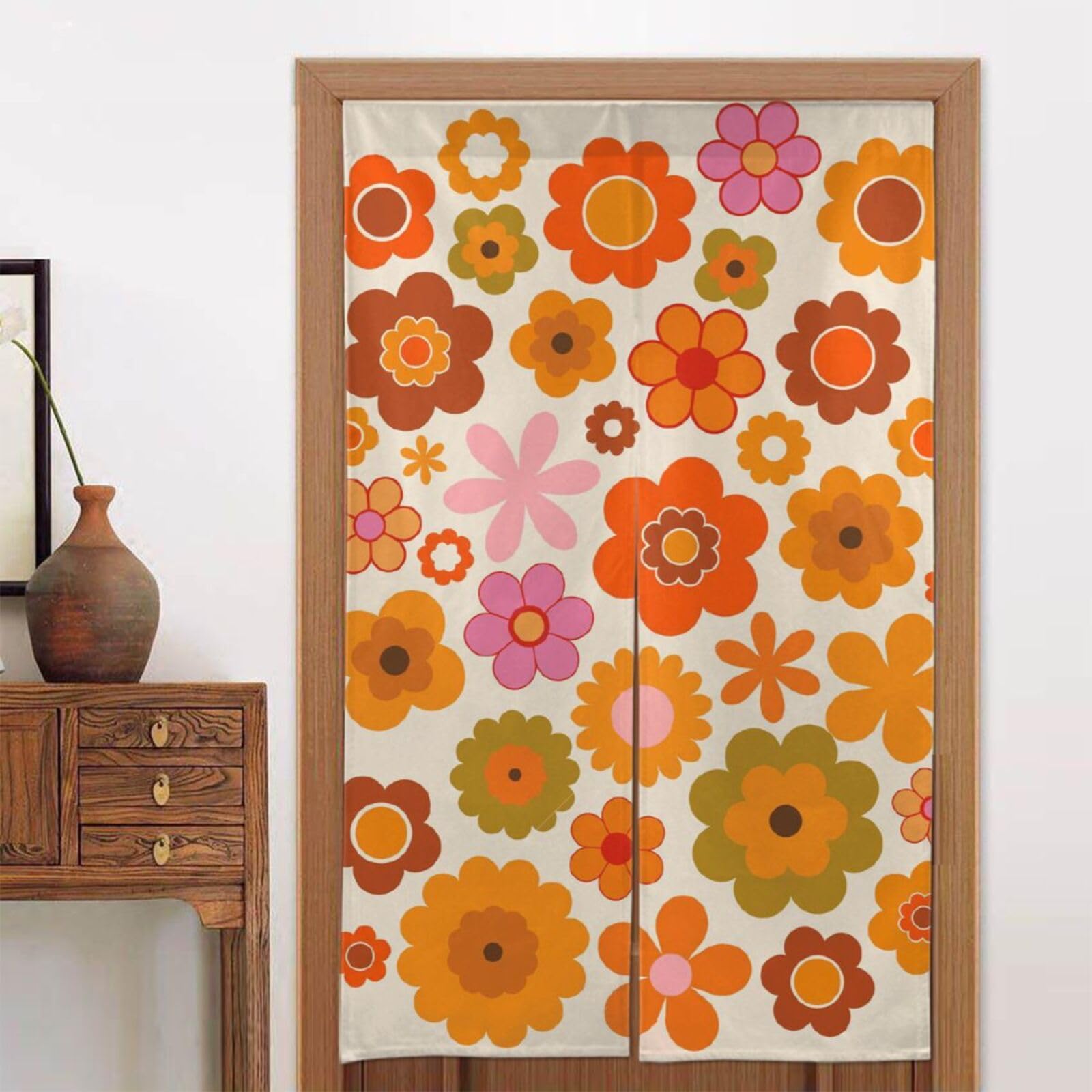 Amazon｜のれん 暖簾 ノレン オレンジ色 ヒッピー ヴィンテージの花 Uv