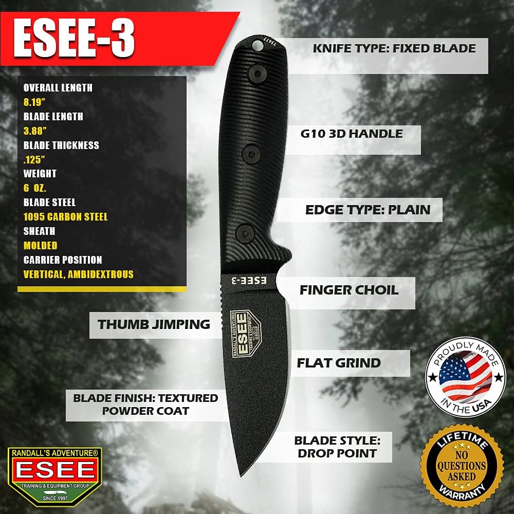 ESEE-3 Fixed Blade Knife with Sheath, 1095 Carbon Steel, Tactical Knife with 3D Contoured Handle, Made in USA, (Black Blade, Black G-10 3D Handle)