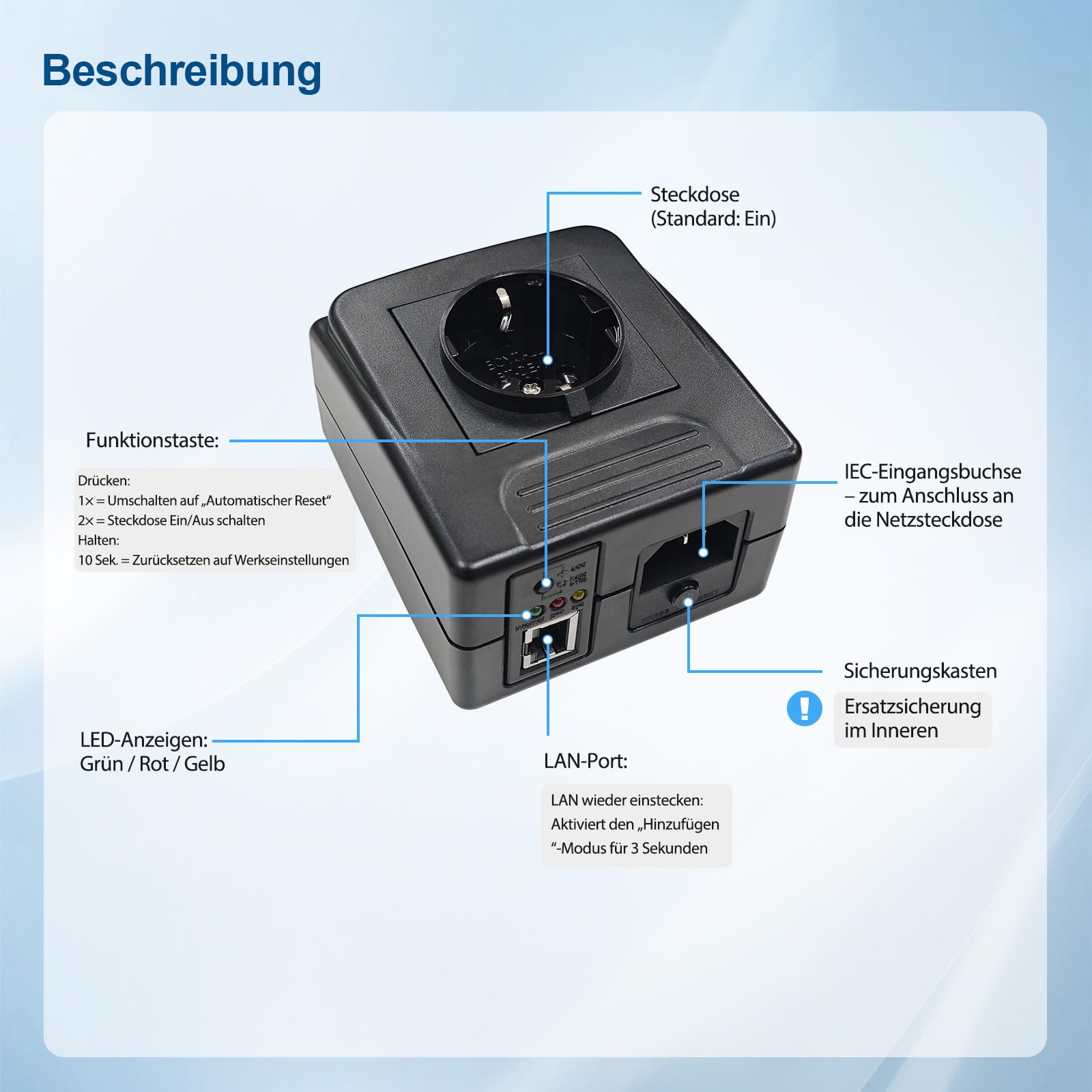 ezOutlet2 IP-fähige Ferneinschaltung, automatischer Neustart per Ping, einzelne Steckdose, 10A Sicherung, WLAN & LAN, Cloud & APP.