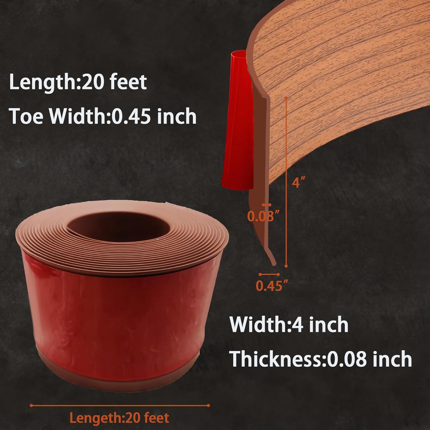 vinyl wall base baseboard molding trim 4" flexible self adhesive rubber wall base moulding trim peel and stick design(20ft, red wood grain) 4 inch×20ft red wood grain 1