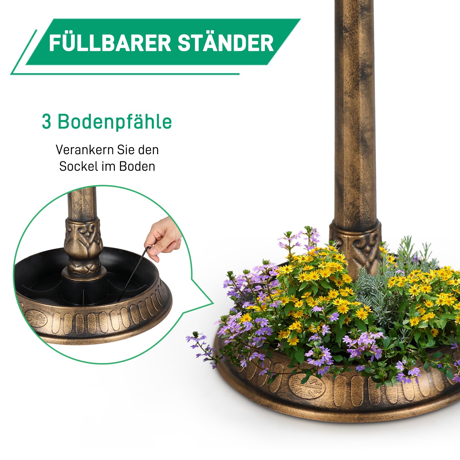 LEADZM Vogeltränke Stehend - Vogeltränke aus Starkes PP-Material, Vogelbad mit Solarleuchte, Blumenkübel & befüllbarem Ständer - Futterstation für Draußen Garten und Terrasse, 51 x 51 x 106 cm, Bronze