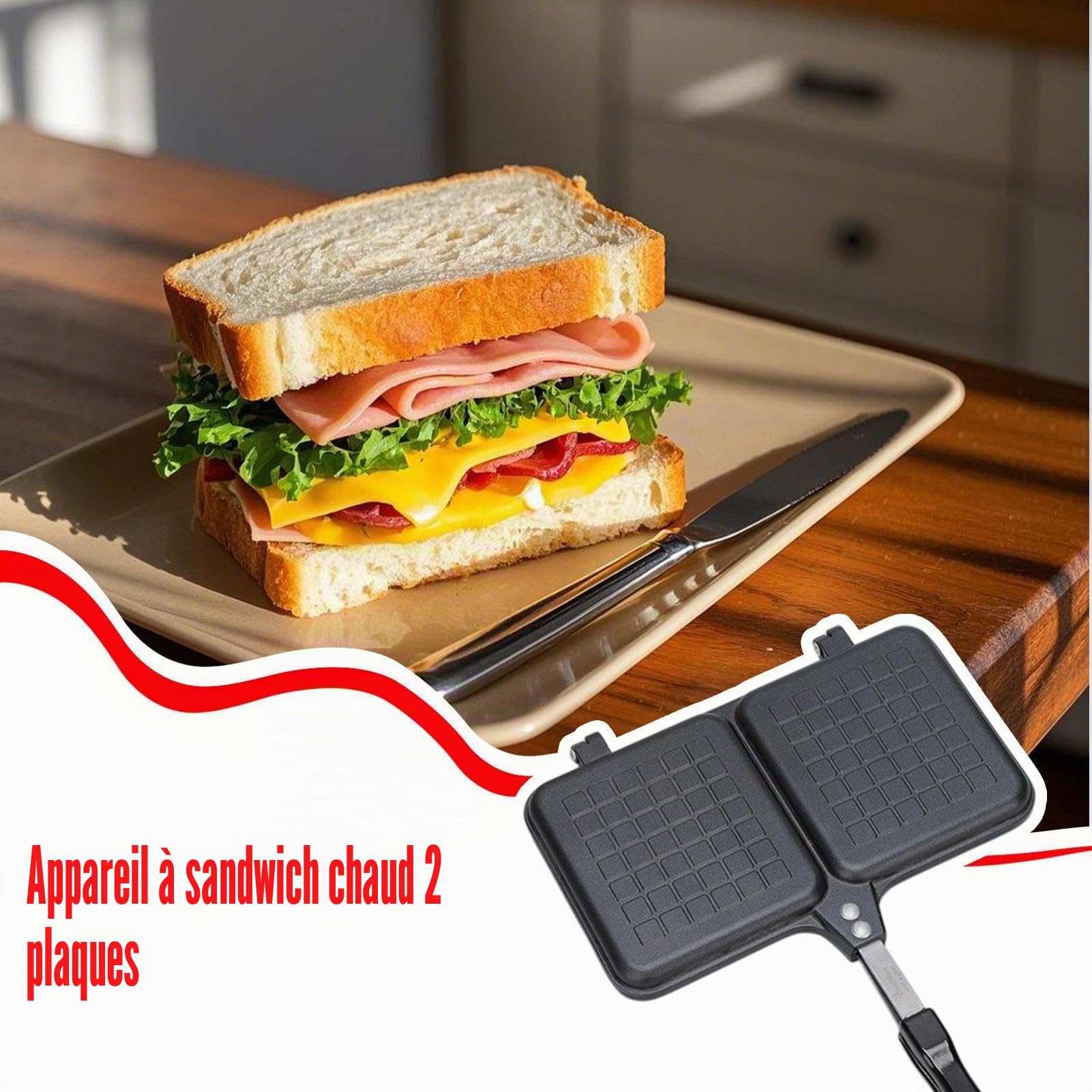 Appareil à croque-monsieur pour feu de camp : grille- chaud à double panneau, presse à fromage | Poêle antiadhésive en fonte d'aluminium avec poignée, parfaite pour les petits déjeuners en plein