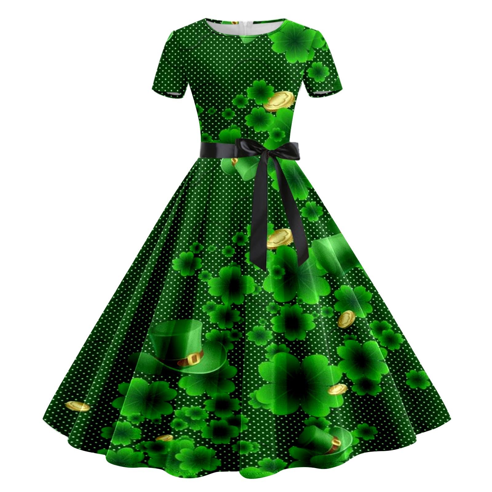 Womens St Patricks Day Fancy Dress Leprechaun Costumes Ireland Irish Shamrock Print Dress Saint Patricks Day Green Irish Outfits Gown Cocktail Green Sleeveless Paddy's Fancy Dres Party