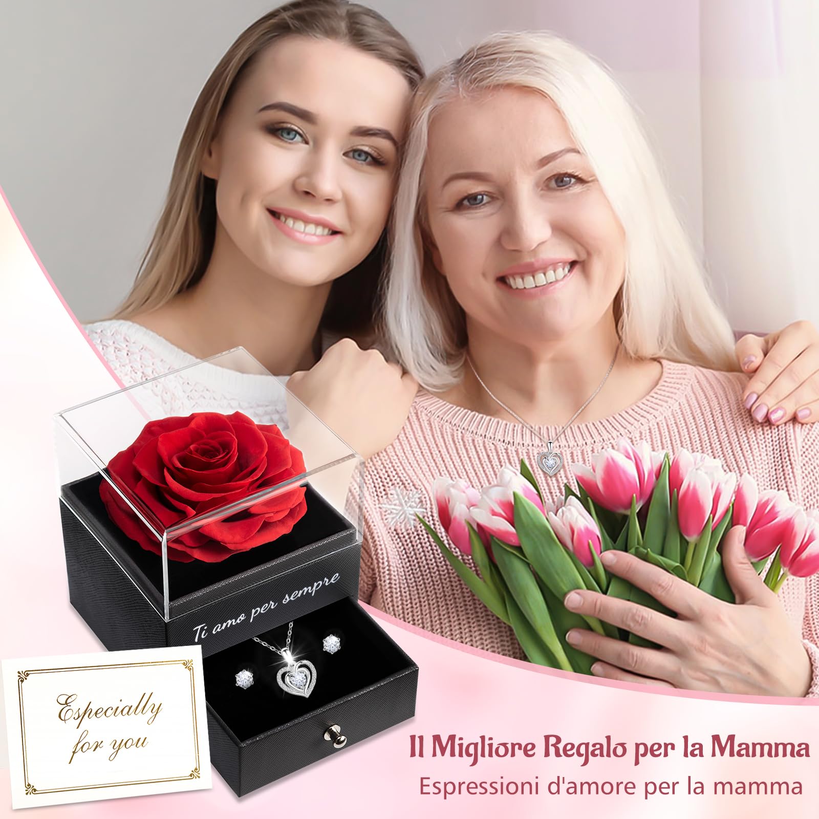 Sunia Festa della Mamma Idee Regalo, Vera Rosa Eterna con Collana Argento 925 Donna con e Orecchini, Rosa Stabilizzata Vera, Regalo Mamma Donna Compleanno, Regalo Festa della Mamma