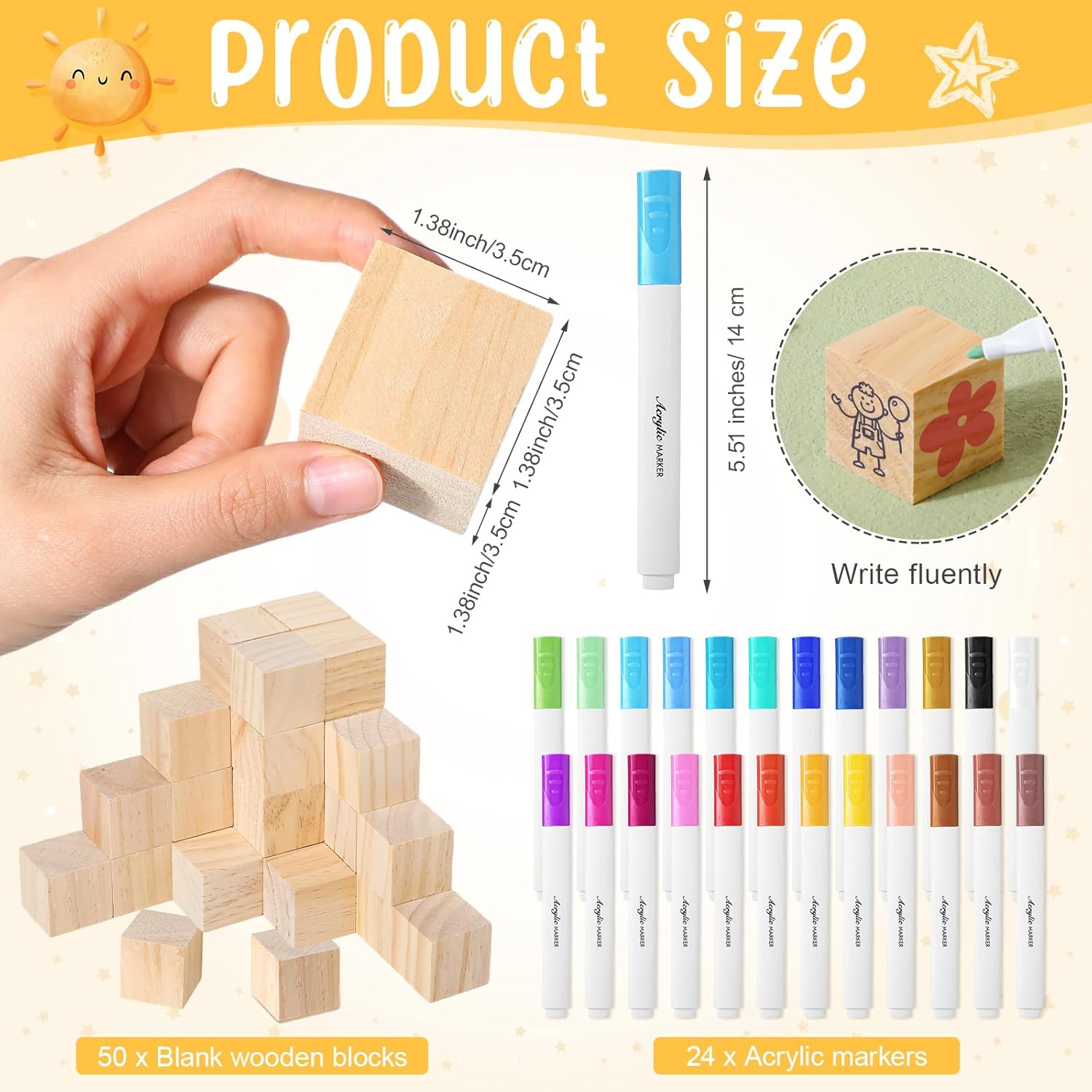 Tatuo 75 Pcs Baby Shower Block Games Here Comes The Son Baby Shower Decor 50 Blank Wooden Blocks 1 Decorate a Block Sign and 24 Paint Markers Party Decorations Activities for Guests(Sun)