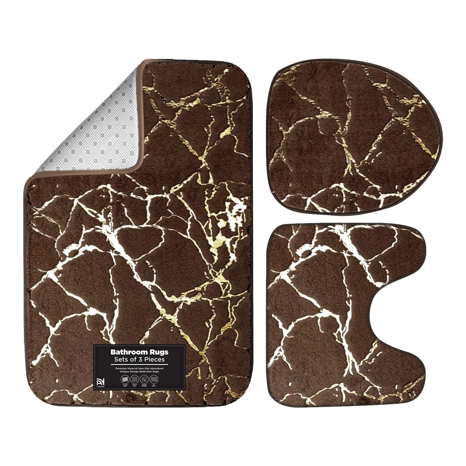 LIKEAN 3-Piece Bathroom Rug Set, Polyester Memory Foam Bath Mats| Non-Slip, Machine Washable Bath Rug, Contour Mat and Toilet Lid Cover| Quick Drying| Ultra Soft Rugs (Brown)