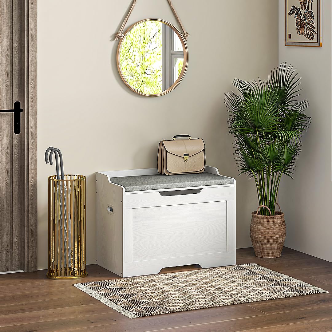 HOMCOM Cassapanca da 103L, Panca Contenitore Multiuso con Cuscino in Tessuto Lavabile, Panca Portaoggetti in Legno per Ingresso, Corridoio, Camera da Letto, Soggiorno, 75x40x56 cm, Bianco