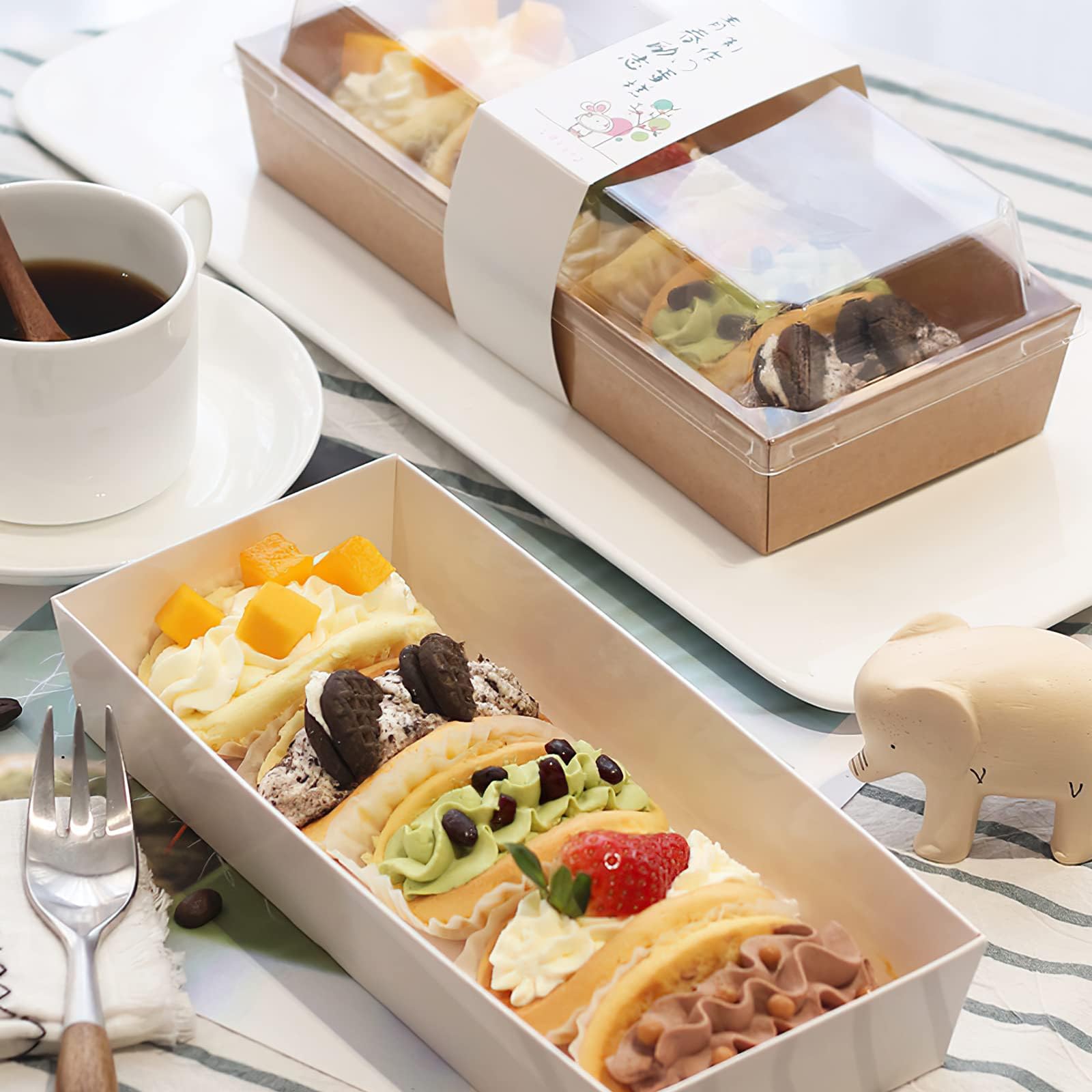 ZORRITA Confezione da 100 scatole di carta con coperchi trasparenti, scatole per sandwich usa e getta rettangolari per alimenti da forno, dolci, fragole, fette di torta e biscotti (marrone)