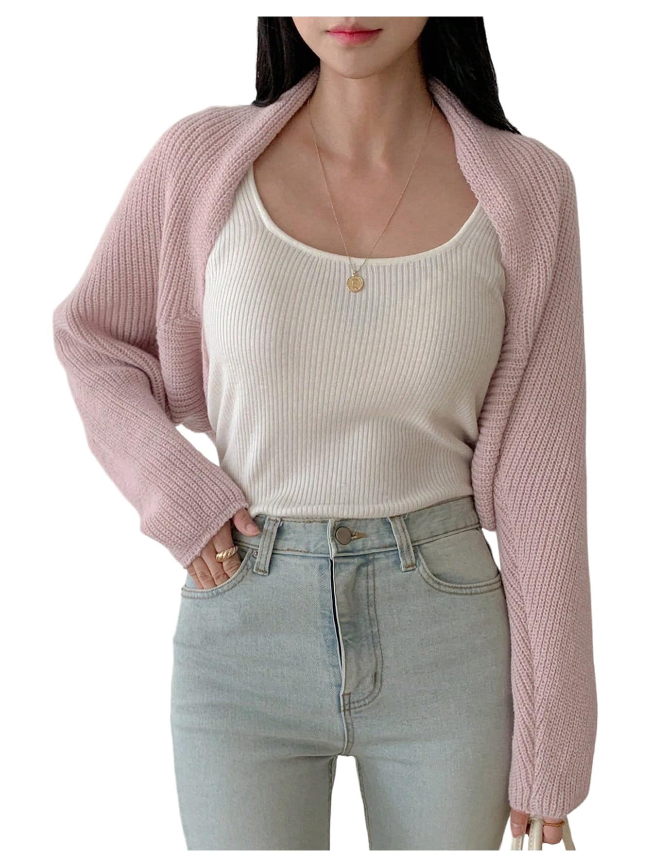 SweatyRocks Womens Open Front Cropped Cardigan Long Sleeve Bolero Shrug Sweater