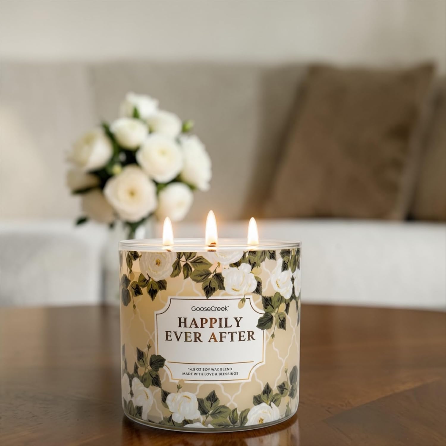 Happily Ever After 3-Wick Candle, 14.5 oz Soy Wax Blend, White Wedding Bouquet, Peony Petals, Sheer Woods