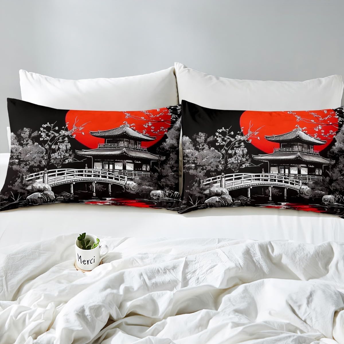 jejeloiu Boys Girls Cherry Comforter Cover Toddler Size, Ink Painting Style Bedding Set Mount Fuji Duvet Cover Kids Teens Bedroom Decor Bed Set with 1 Pillow Case (No Comforter)