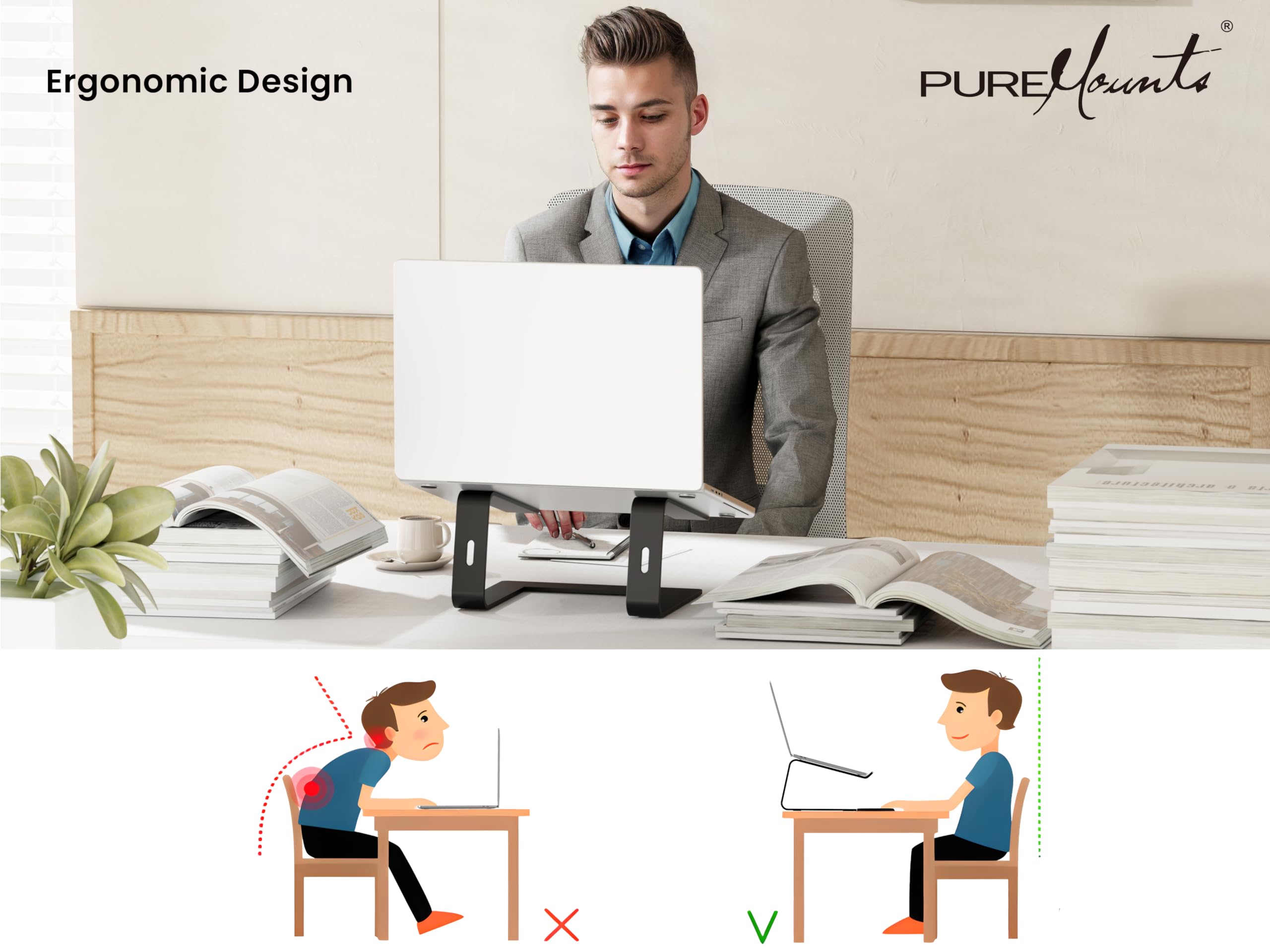 PureMounts Soporte Ultra Delgado, Soporte Ergonómico de Aluminio para Portátil con Ventilación y Almohadillas Antideslizantes, Ahorra Espacio en la Oficina, Negro