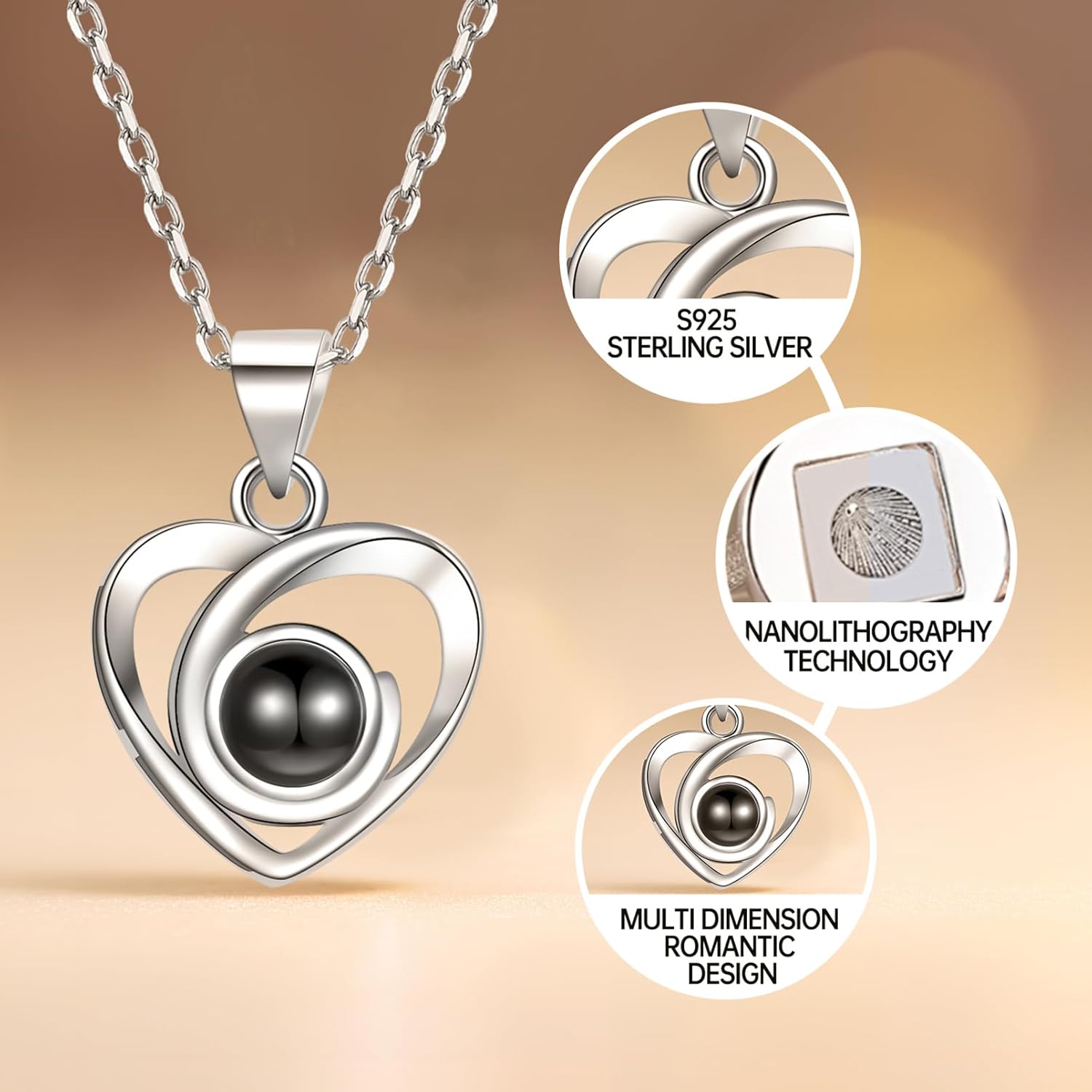 925 Sterling Silver Projection Necklace Personalized Photo Necklace for Her Custom Picture Necklace for Women with I Love You in 100 Languages Heart Necklace with Picture Inside