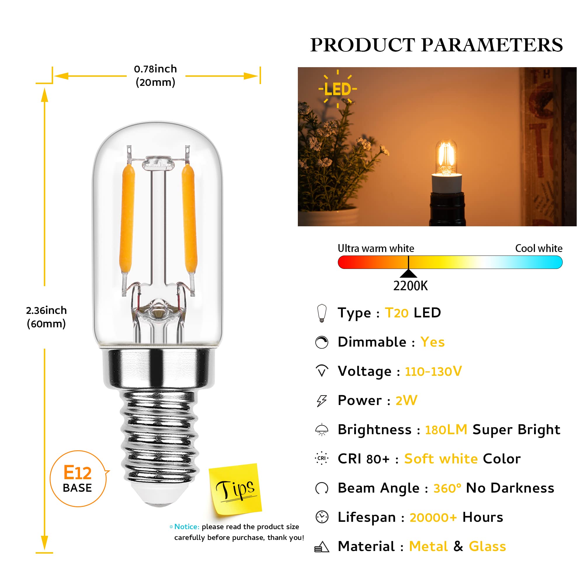 Bombilla nocturna regulable E12 de 15 W equivalente a 20 W, bombilla de lámpara de sal T20, mini bombilla LED para microondas, horno, refrigerador, ventilador de techo, 2200 K, blanco cálido, 2