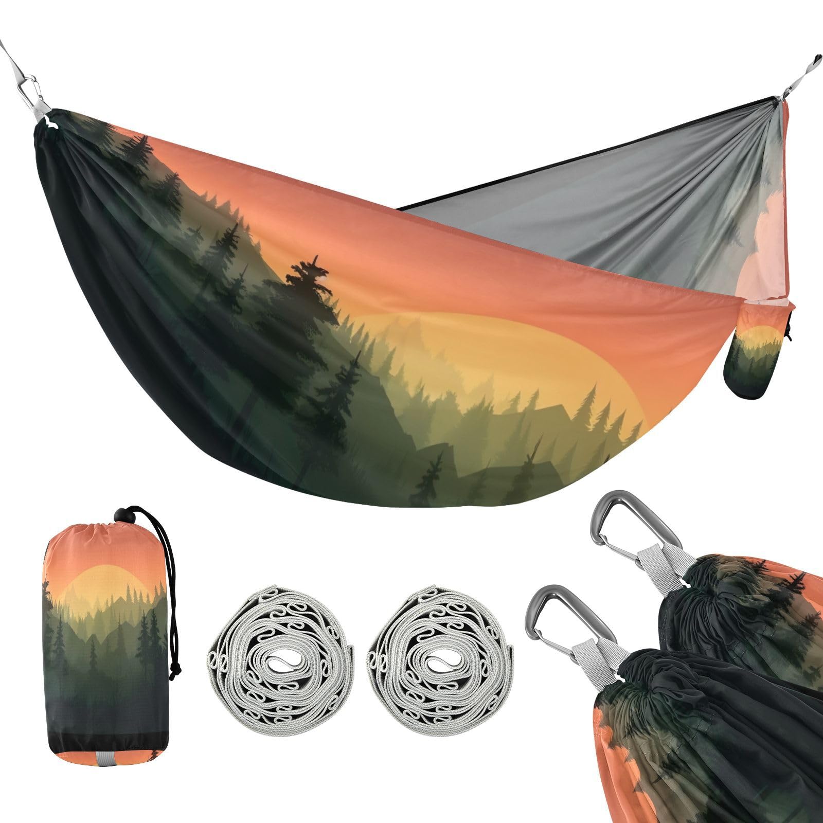 Haskirky Sunset Tree Camping Hammock, Single Portable Hammocks with Tree Straps & Attached Carry Bag, 330Lbs Capacity Perfect for Outside Indoor Hiking Beach Backpack Travel