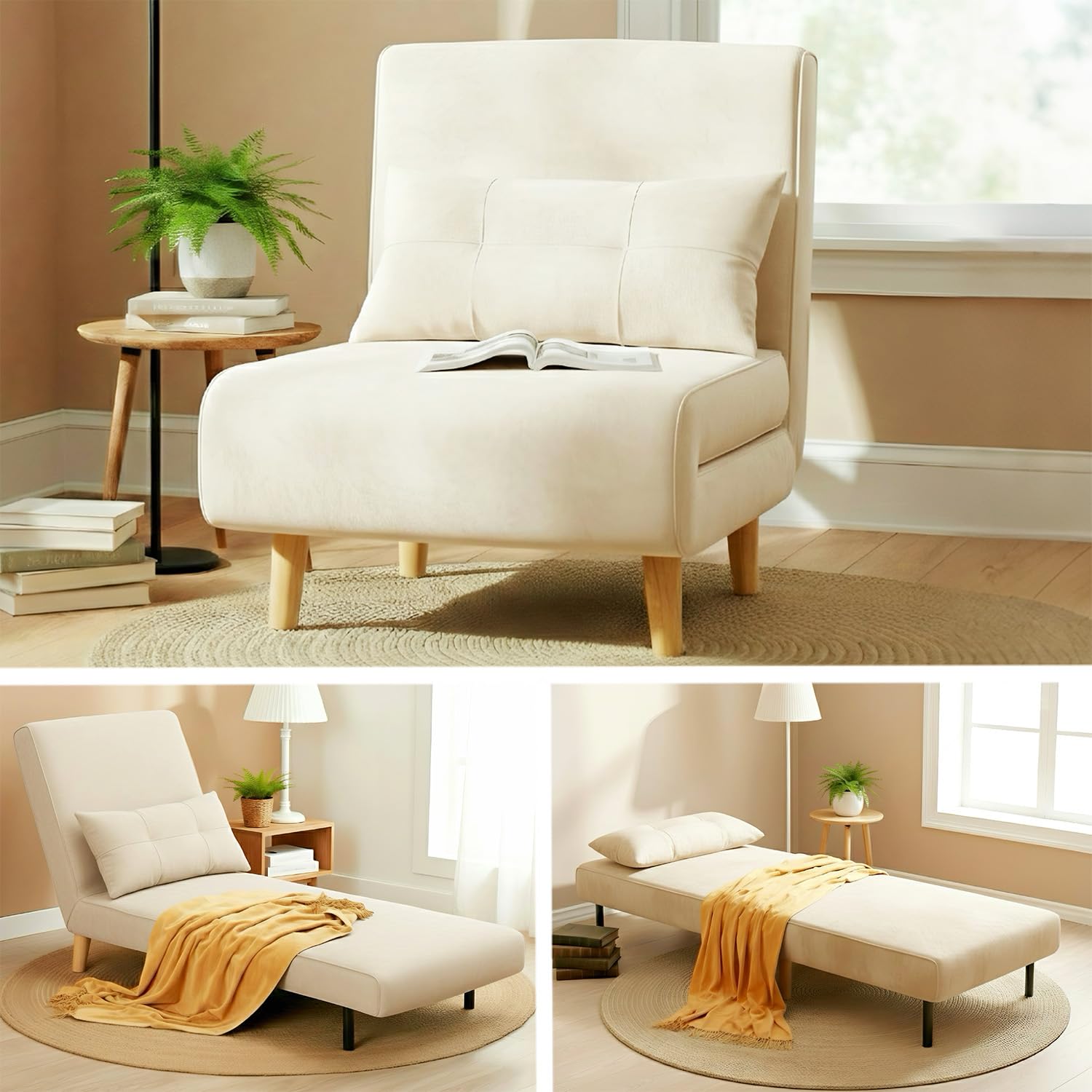 Ahomly 3 in 1 Convertible Sleeper Chair, Sofa Chair for Adults with 6 Angle Adjustable Backrest, Single Sleeper for Living Room/Apartment/Office,