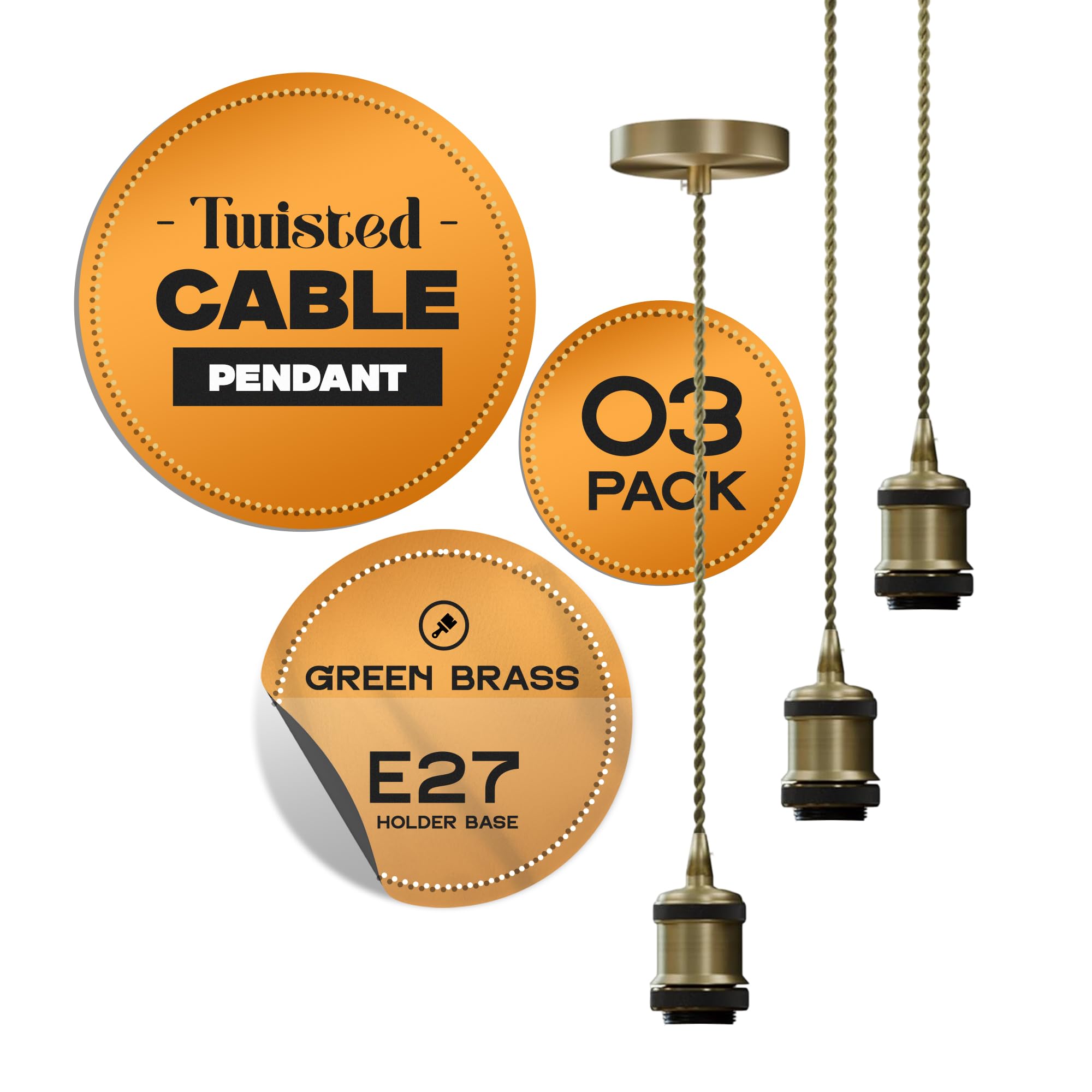 DC VOLTAGE Vintage E27 Pendant Light Fitting – Brass Hanging Ceiling Lamp Kit with Twisted Fabric 2m Cable & Rose – Industrial Retro Style for Kitchen, Bar, Dining Room- Pack of 3