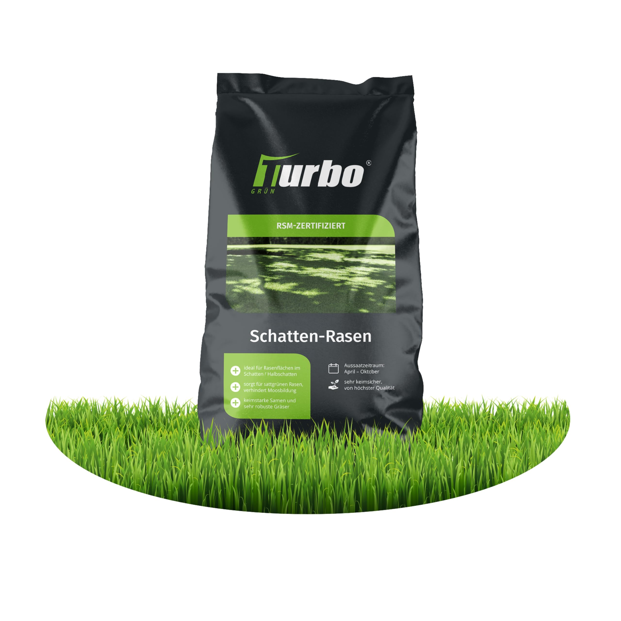 Schattenrasen Turbogrün 150m², Schattenrasensamen, Grassamen Schattenrasen, Schattenrasen Nachsaat, Ideal für schattige Plätze, Frühjahr und Herbst, Turbo Rasensamen Schattenrasen, RSM Qualität,