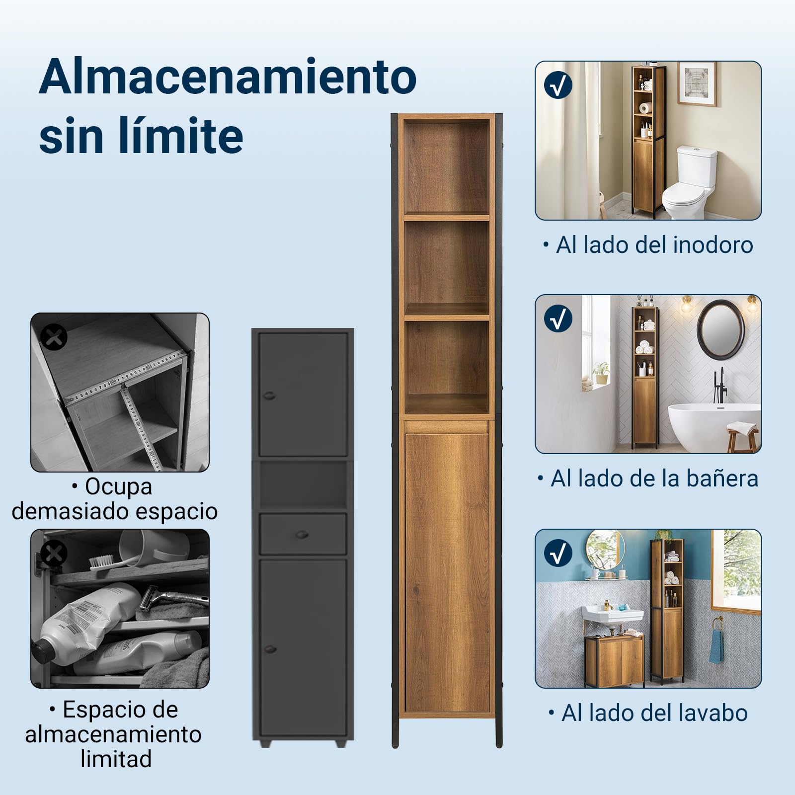SoBuy Mueble Baño Alto Armario Baño Estrecho 30x168x28 cm Estilo Industrial | Columna de Baño Estrecha Vintage con 3 Estantes Abiertos y 1 Puerta, Armario Auxiliar de Baño, BZR62-PF