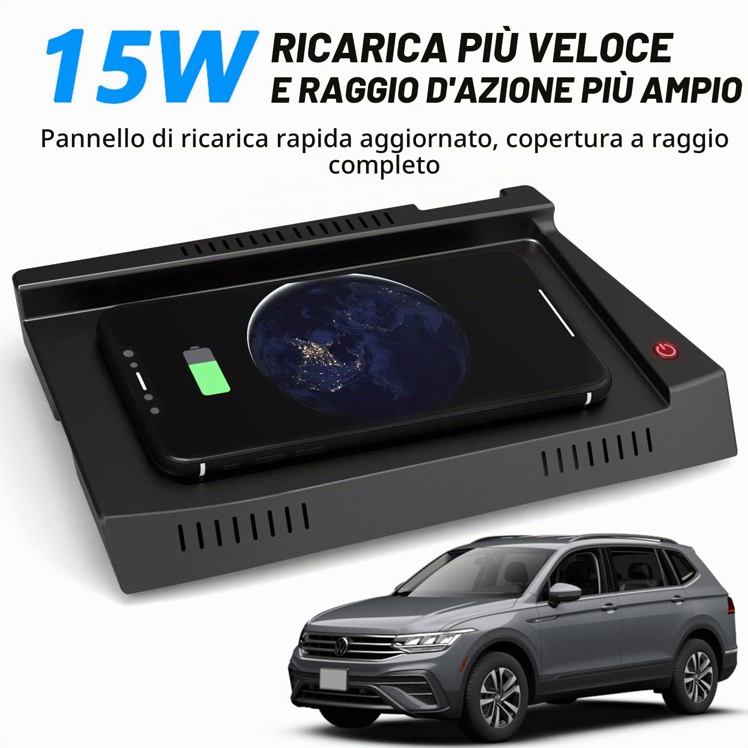 Caricatore Wireless Auto per VW Tiguan 2023 2022 2021 2020 2019 2018, 15W Rapida Ricarica Telefono Pad Console Centrale Accessori con Porta USB QC3.0 per iPhone 12/13/13 Pro Samsung S22/S21