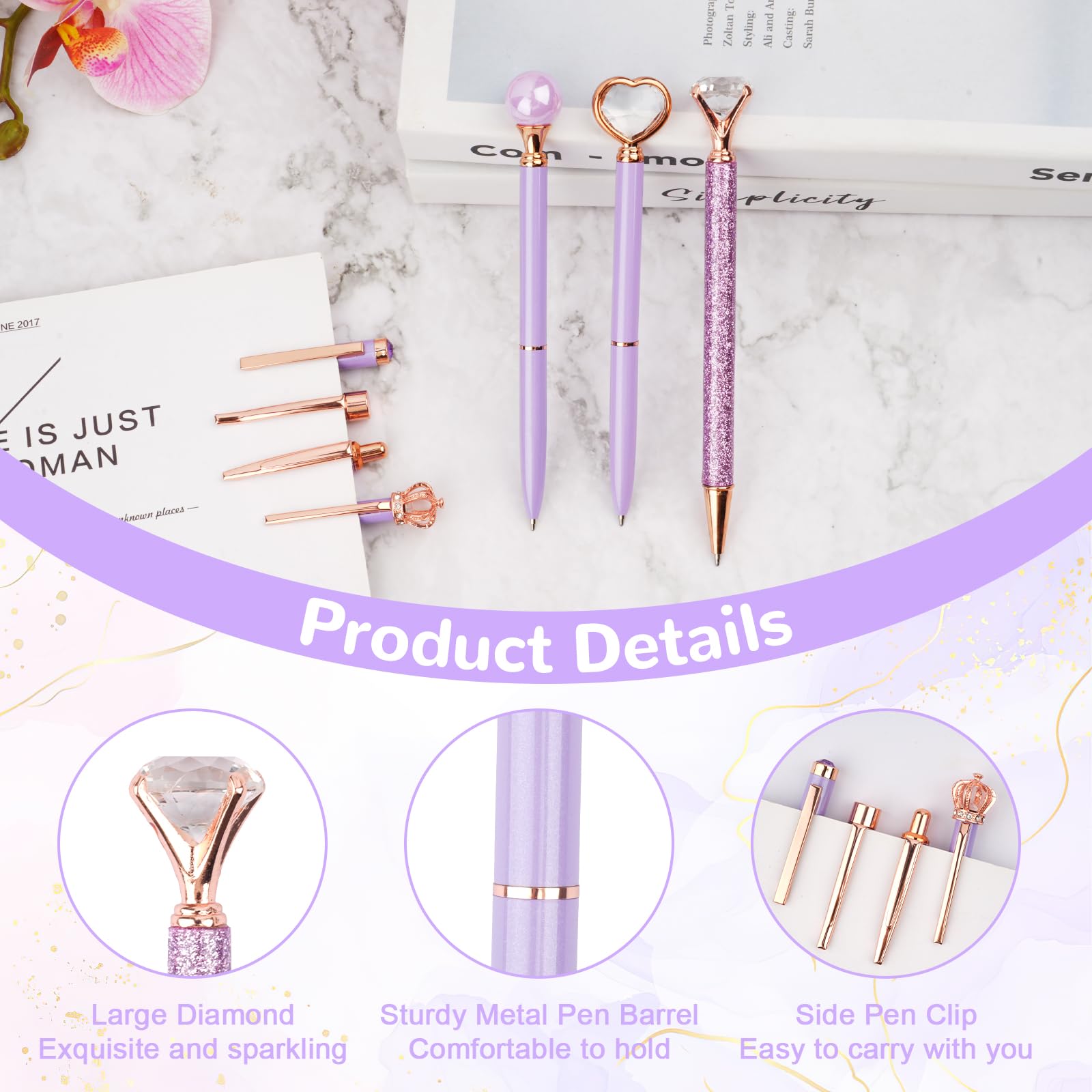 6 Stück Kugelschreiber Roségold Set - Glitzer Stifte Mit Diamant Für Frauen