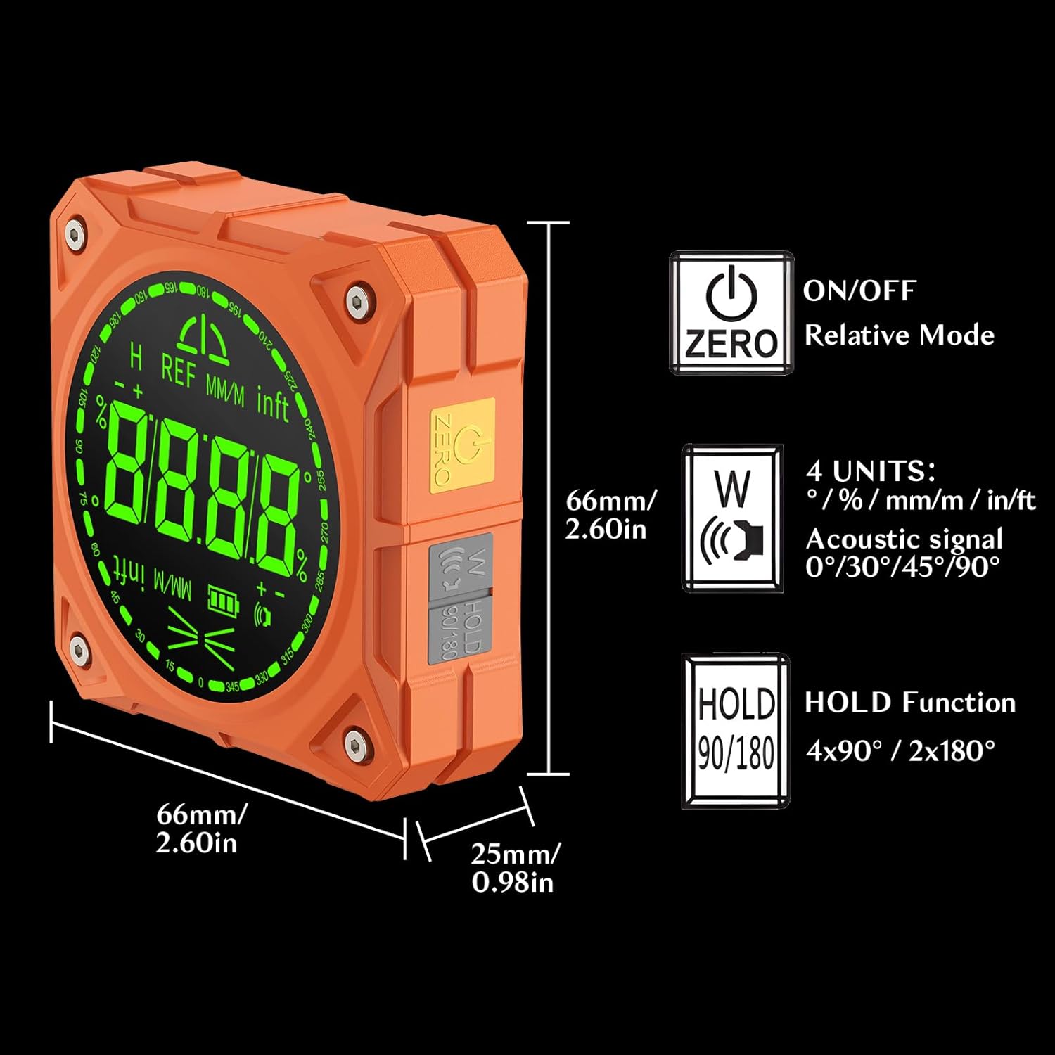 Rechargeable 4-Side Magnetic Digital Angle Finder, 4×90° & 2×180° Electronic Inclinometer Protractor Level Gauge for for Woodwork, Miter Saw, Hanging Frames