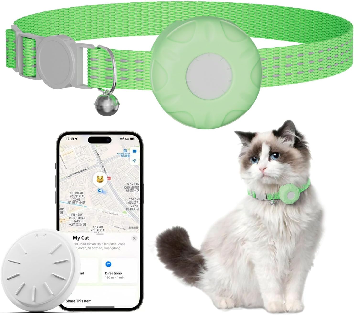 Cat Tracker Collar,No Monthly Fee Waterproof Pet Tracker for Cats with Safety Elastic Buckle,Works with Apple Find My App not for Android(iOS Only), (LightGreen)