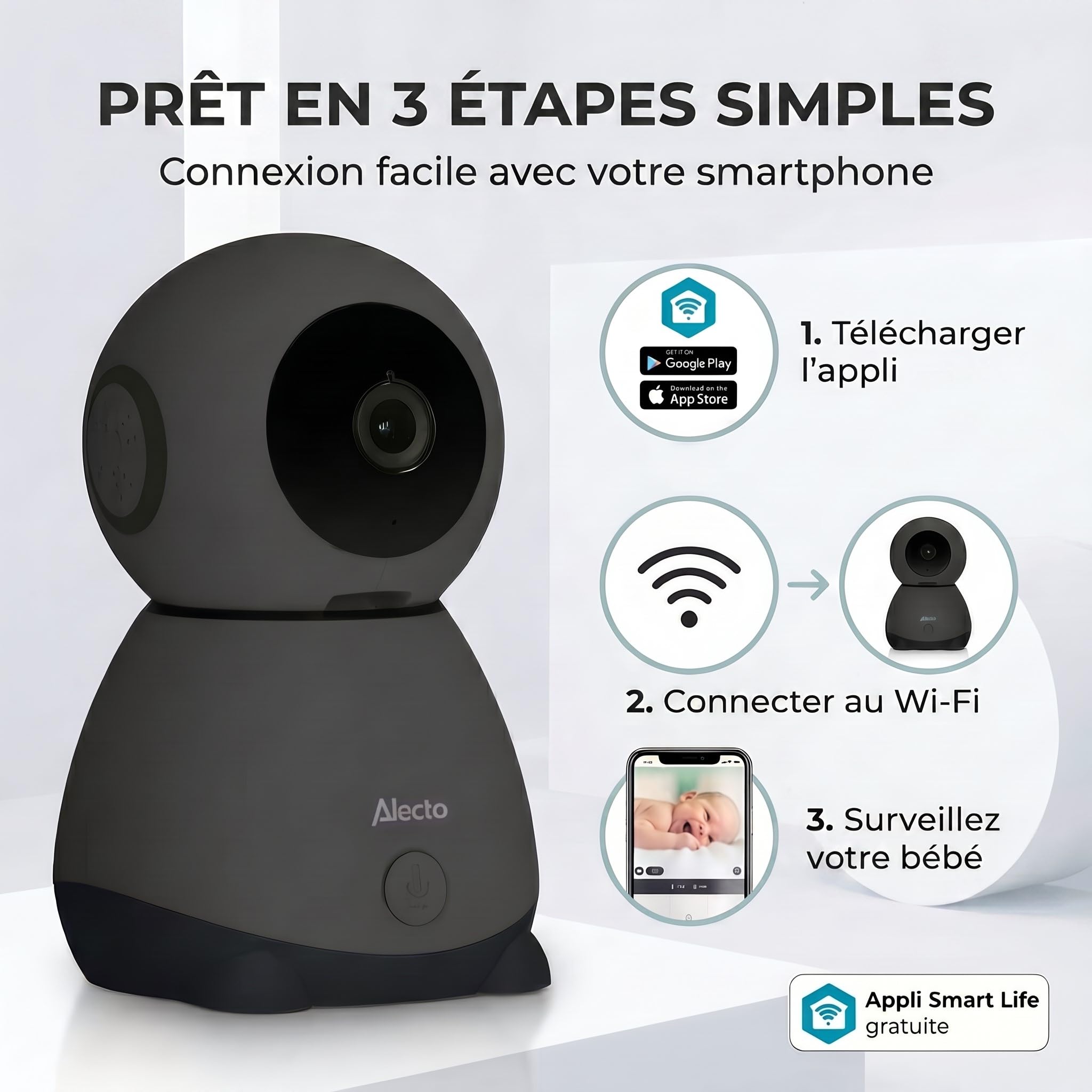 Alecto SMARTBABY10BK Babyphone Camera - Camera Bebe WiFi - Noir | Baby-phone - Baby Monitor - Vision Nocturne