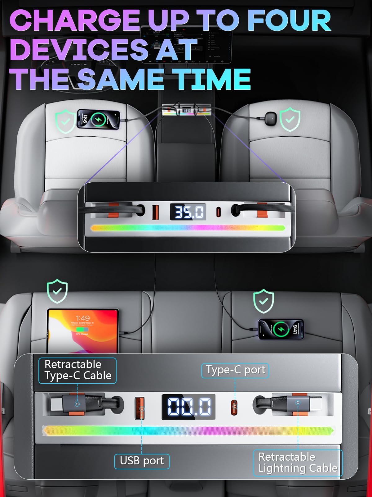 2 koncentratory USB typu C do Tesla 2024-2025 Model 3 Highland i 2025 Model Y Juniper akcesoria 65 W super szybka ładowarka do telefonu wieloportowa wysuwana stacja dokująca do konsoli środkowej