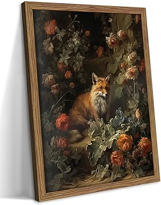Framed Dark Academia Fox Canvas Wall Art, Sitting Fox Surrounded by Flowers, Elegant Vintage Botanical Poster, Fine Art Print for Living Room Bedroom Study – Dark Wooden Frame 16x24in