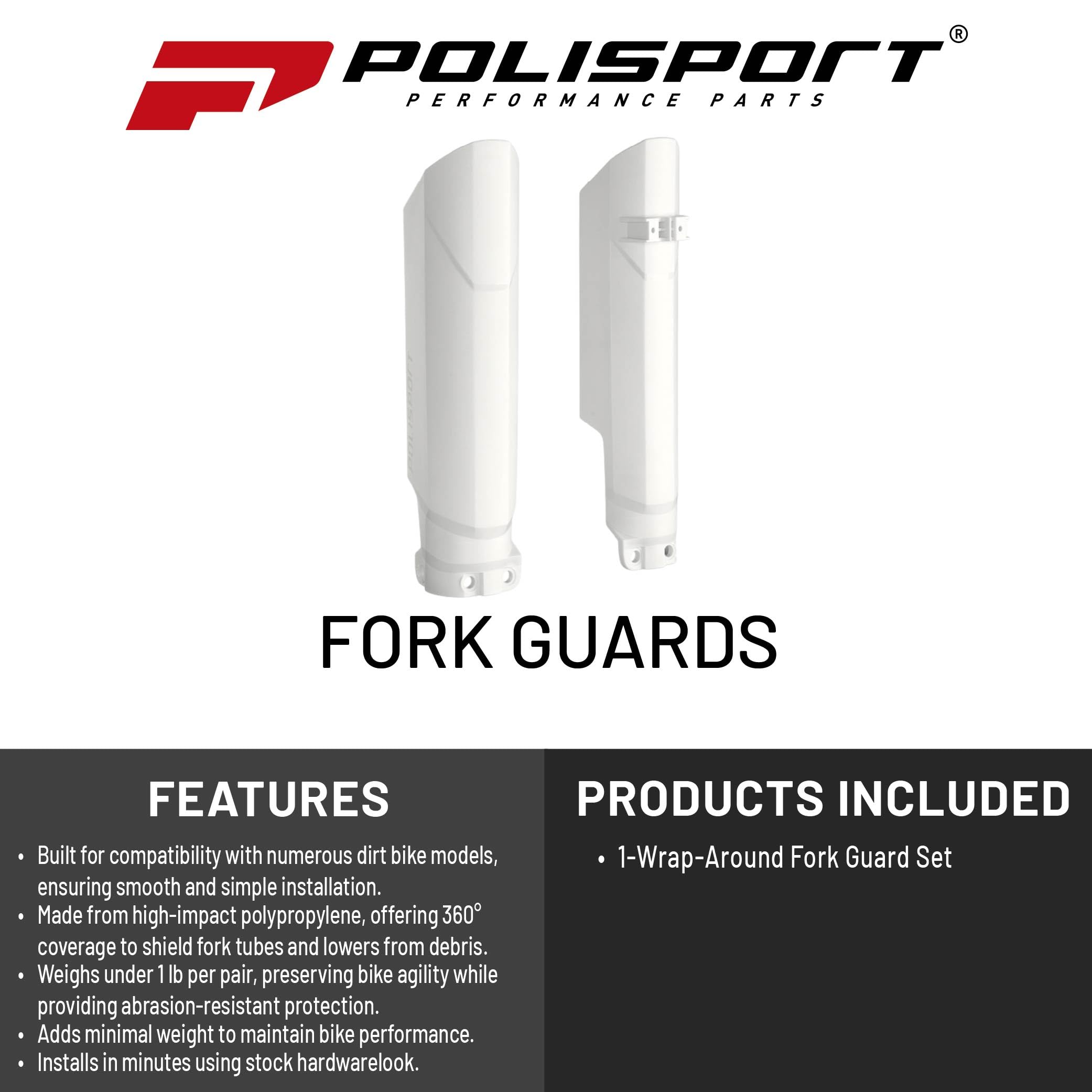 POLISPORT 8399300002 - Protezione forcella completamente avvolgente realizzata in plastica resistente compatible con motocicletas KTM, HUSQVARNA, GAS GAS, SHERCO en color Bianco