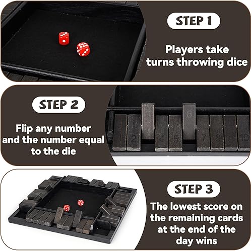 Miniatura 3 de Agirlgle Juego de dados Shut The Box de 12 pulgadas, 1-4 jugadores, juego de mesa familiar de madera con 12 dados, juego de dados de estrategia para