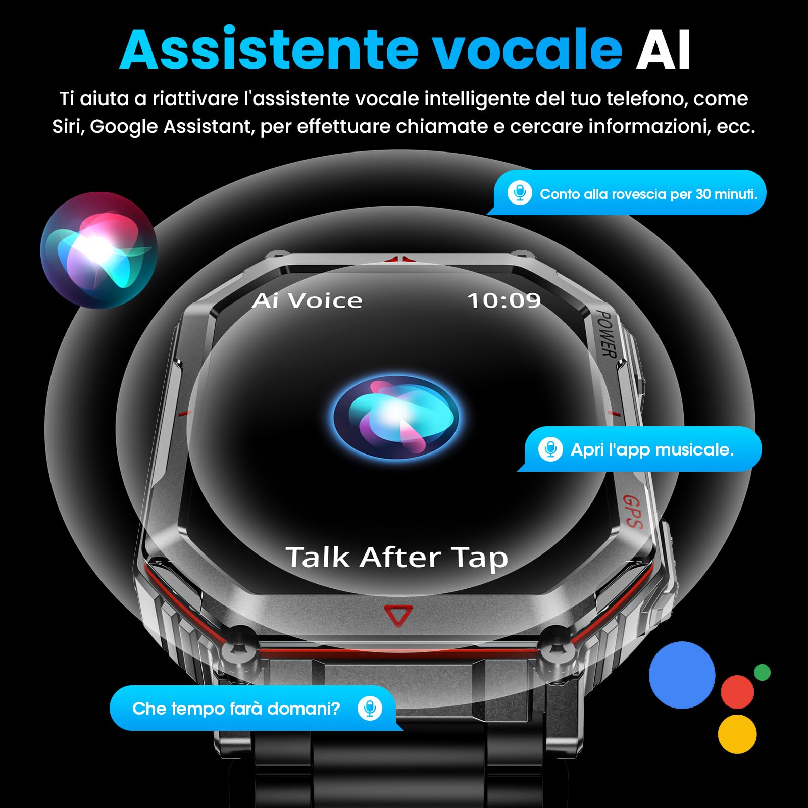Orologio intelligente militare Cinghia in Acciaio per uomini, con GPS/bussola, assistente vocale GPT, display HD 2.01", chiamate Bluetooth, tracker fitness, compatibile con Android e iOS (Nero)