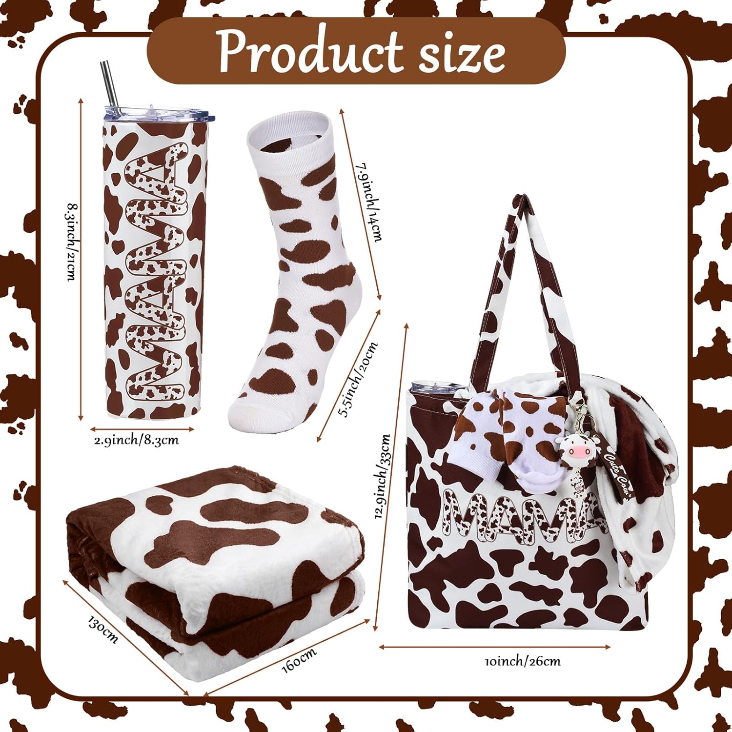 Yaomiao 5 Pcs Cow Gifts Set for Women: 20 oz Cow Pattern Stainless Steel Tumbler with Lid, Straw, Tote Bag, Warm Throw Blanket, Keychain, Animal Pattern Socks(Light Brown) - Image 2