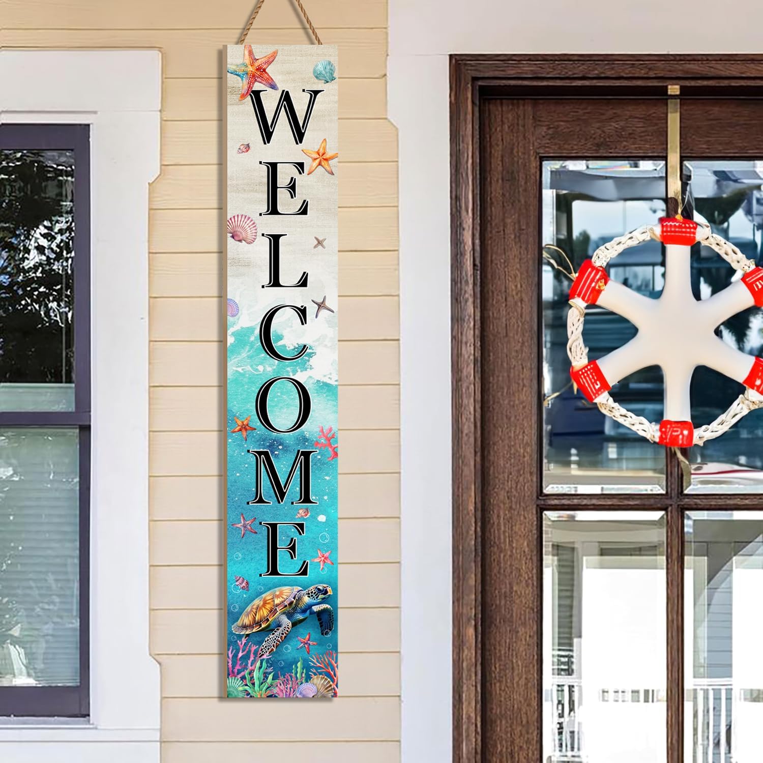 Sea Turtle Welcome Sign for Front Door, Beach Outdoor Porch Sign Home Decorations Standing Yard Sign Seasonal Wood Door Sign for Garden Tall Summer Welcome Vertical Signs for Patio Wall