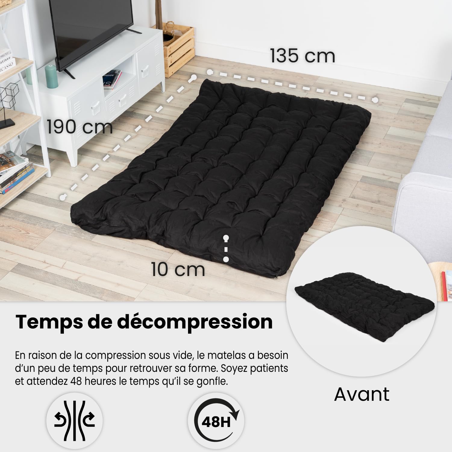 MEUBLE COSY Futon Portatile Pieghevole a 2 posti, Materasso 135 x 190 x 10 cm, Nero