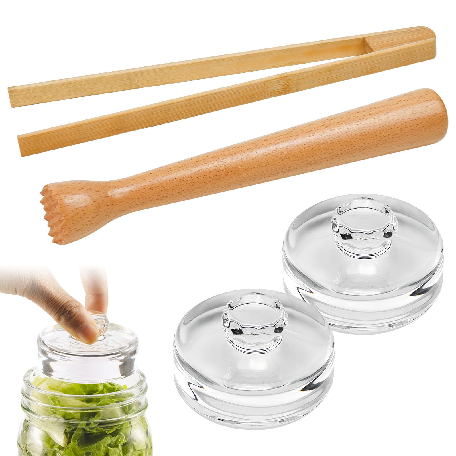4 Pezzi Set di Accessori per Fermentazione con 2 Pesi in Vetro per Fermentazione 7 cm, Bastone da Schiacciamento di Fermentato e Pinza Fermentazione per la Fermentazione dei Crauti Kimchi