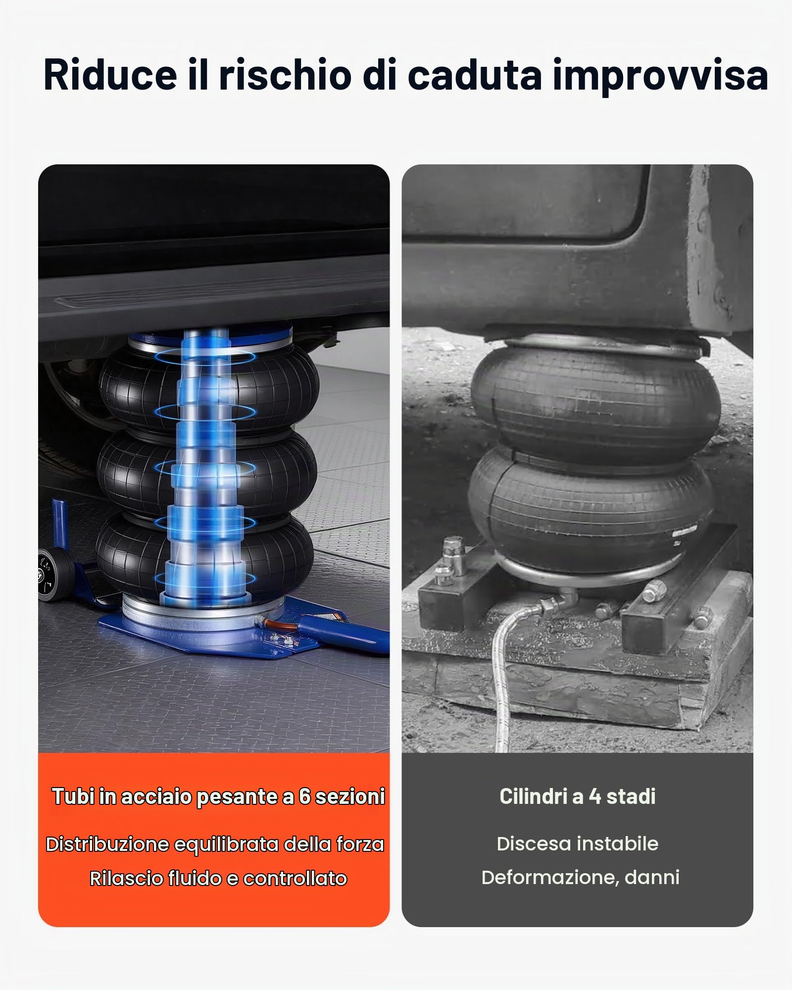 VEVOR Cric Pneumatico per Auto da 3 Tonnellate con 6 Tubi in Acciaio, Manico Lungo e Cuscinetto in Gomma, Altezza di Sollevamento da 140 a 450 mm, Sollevamento Rapido, Cric Pneumatico per SUV