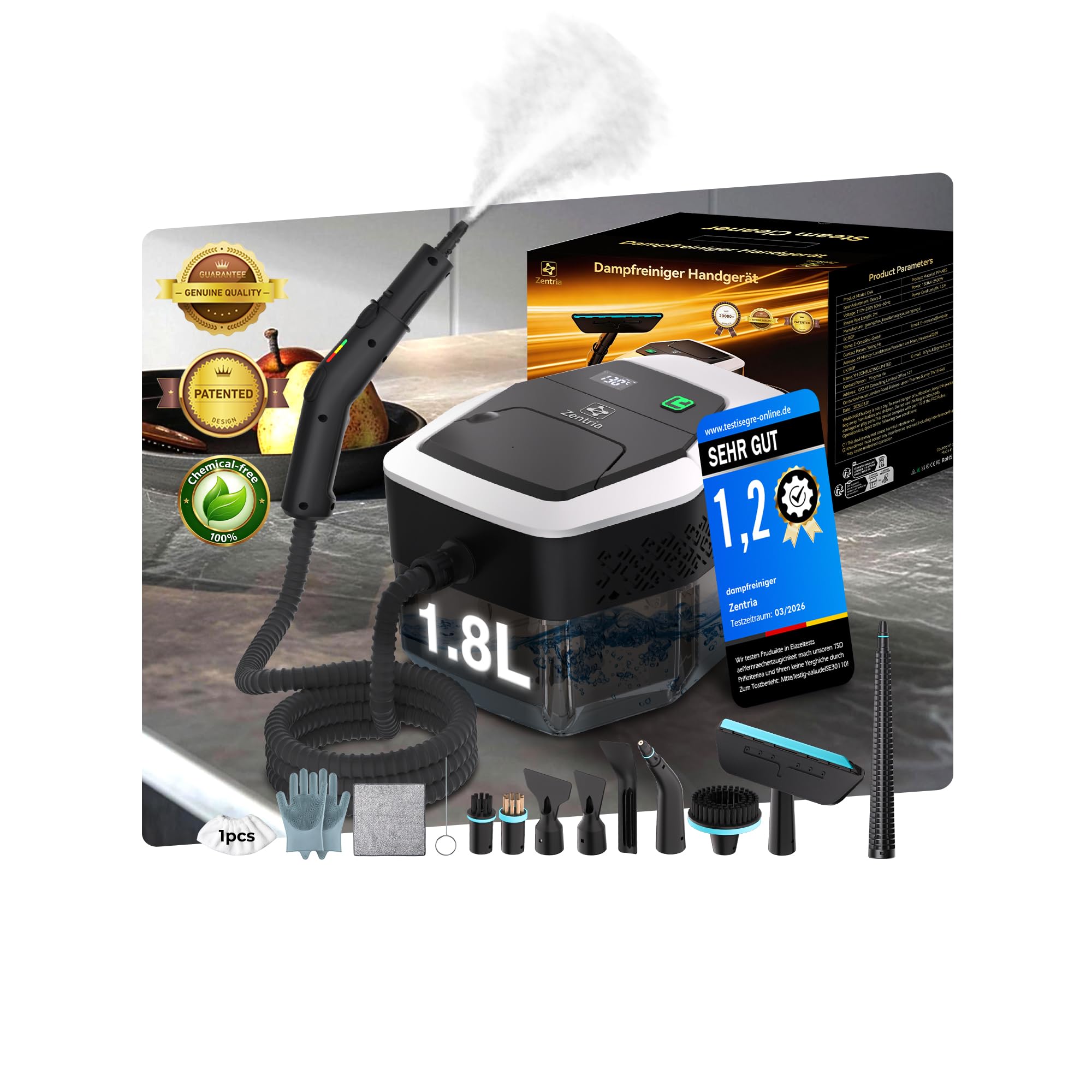 16-IN-1 Dampfreiniger Handgerät【Batterieloser Stufengriff mit deutscher CTL-Technik】【99,99% Keimreduktion-Deutsche SPJ Spitzentechnik】Dampfreiniger für Alles,Steam Cleaner für Boden, Küche etc.(1.8L)